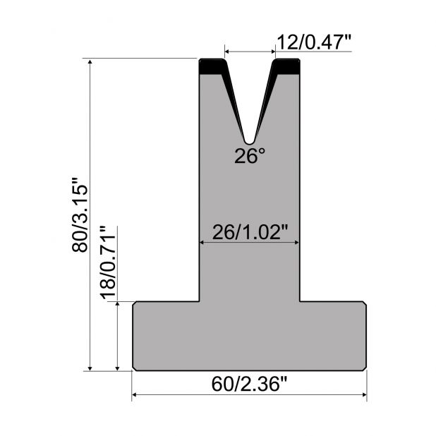 Matrice T typ R1 European, výška=80mm, α=26°, rádius=1,6mm, materiál=C45, max. zatížení=200kN/m.