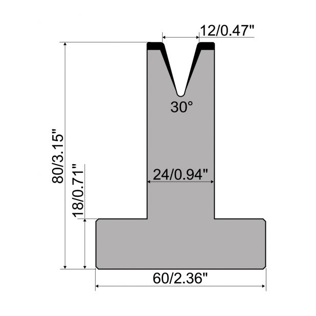 Matrice T typ R1 European, výška=80mm, α=30°, rádius=1,5mm, materiál=C45, max. zatížení=400kN/m.