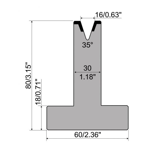 Matrice T typ R1 European, výška=80mm, α=35°, rádius=3mm, materiál=C45, max. zatížení=450kN/m.
