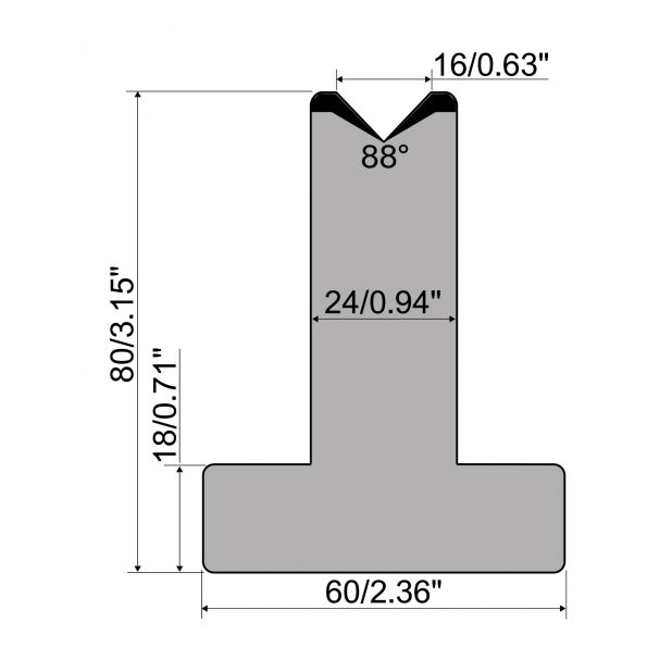 Matrice T typ R1 European, výška=80mm, α=88°, rádius=2,75mm, materiál=C45, max. zatížení=1000kN/m.