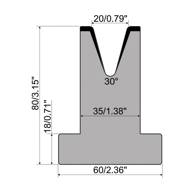 Matrice T typ R1 European, výška=80mm, α=30°, rádius=2,5mm, materiál=C45, max. zatížení=500kN/m.