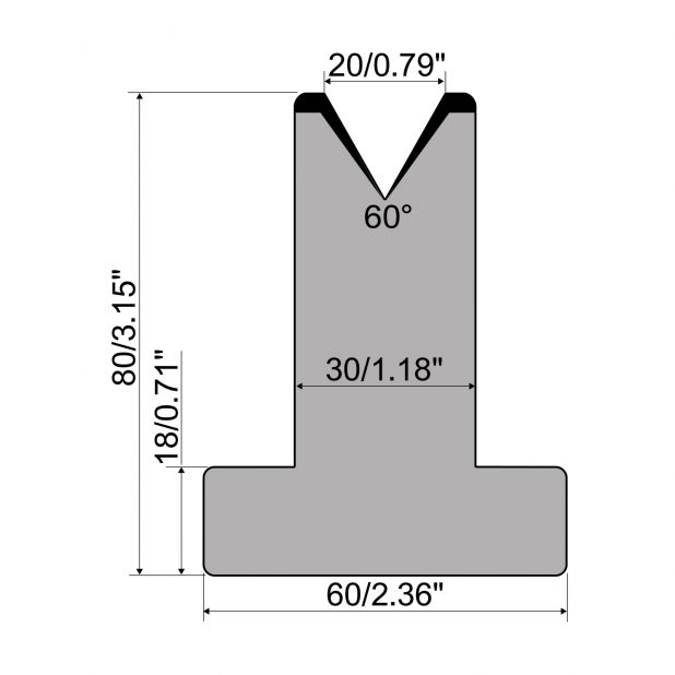 Matrice T typ R1 European, výška=80mm, α=60°, rádius=3mm, materiál=C45, max. zatížení=600kN/m.