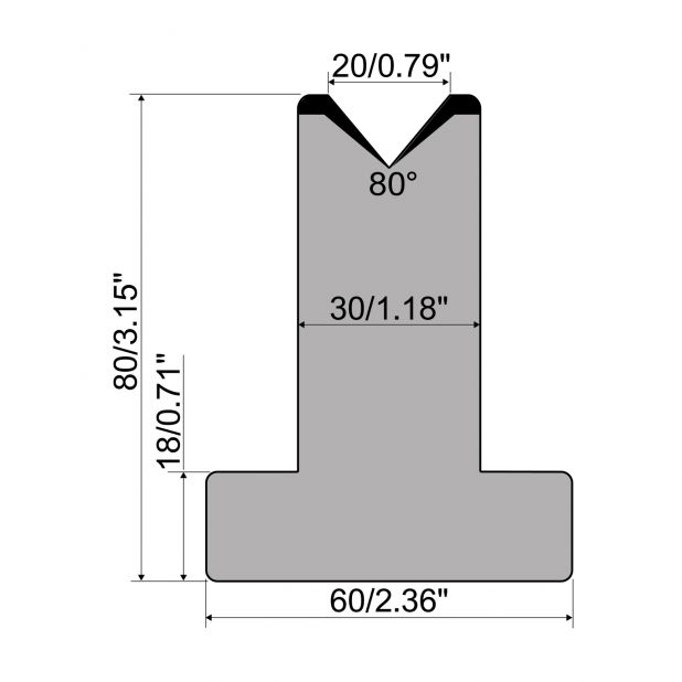 Matrice T typ R1 European, výška=80mm, α=80°, rádius=3mm, materiál=C45, max. zatížení=950kN/m.