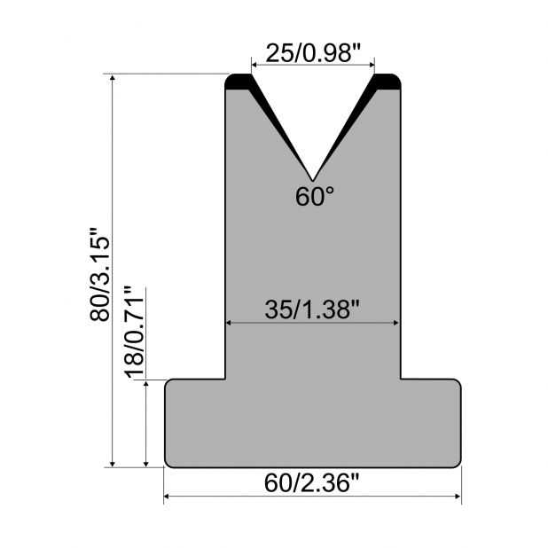 Matrice T typ R1 European, výška=80mm, α=60°, rádius=3mm, materiál=C45, max. zatížení=600kN/m.