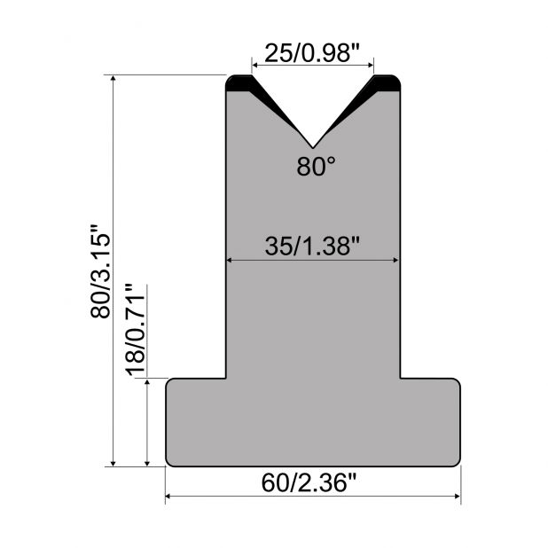 Matrice T typ R1 European, výška=80mm, α=80°, rádius=3mm, materiál=C45, max. zatížení=950kN/m.