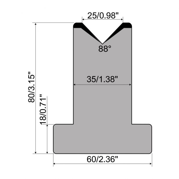 Matrice T typ R1 European, výška=80mm, α=88°, rádius=3mm, materiál=C45, max. zatížení=1000kN/m.