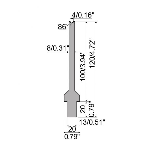 Matrice typ R2, pracovní výška=100mm, α=86°, rádius=0,6mm, materiál=42Cr, max. zatížení=250kN/m.