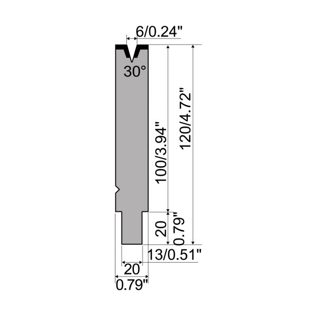 Matrice typ R2, pracovní výška=100mm, α=30°, rádius=0,6mm, materiál=42Cr, max. zatížení=400kN/m.