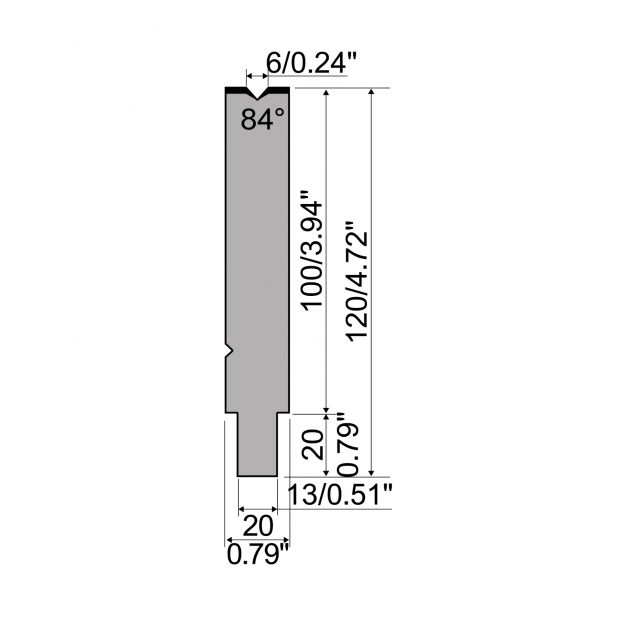 Matrice typ R2, pracovní výška=100mm, α=84°, rádius=0,6mm, materiál=42Cr, max. zatížení=1200kN/m.