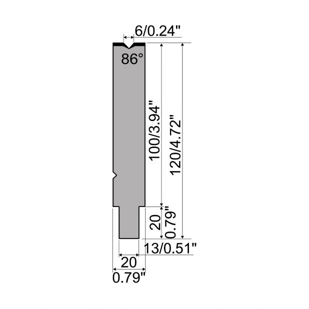 Matrice typ R2, pracovní výška=100mm, α=86°, rádius=0,6mm, materiál=42Cr, max. zatížení=1200kN/m.