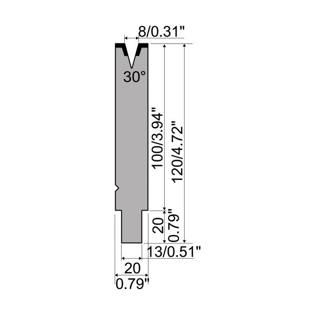 Matrice typ R2, pracovní výška=100mm, α=30°, rádius=1mm, materiál=42Cr, max. zatížení=400kN/m.
