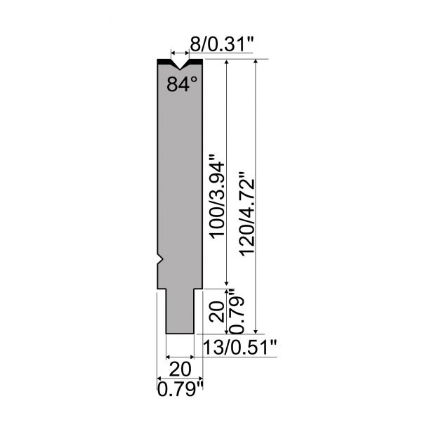 Matrice typ R2, pracovní výška=100mm, α=84°, rádius=0,8mm, materiál=42Cr, max. zatížení=1150kN/m.