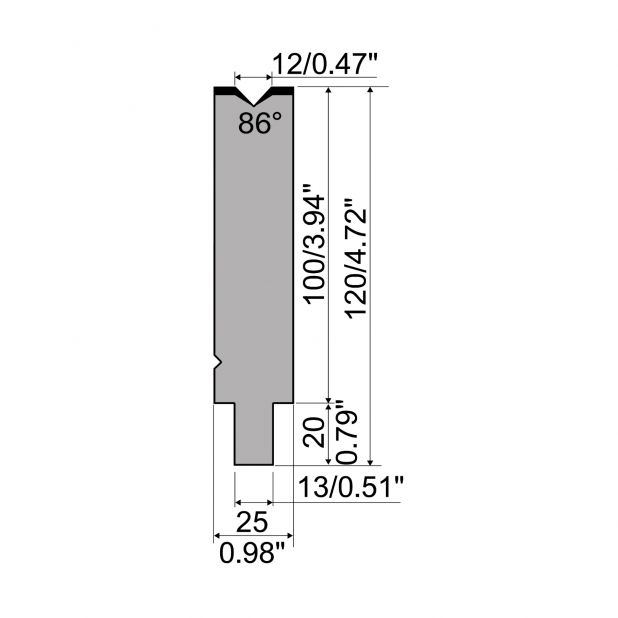 Matrice typ R2, pracovní výška=100mm, α=86°, rádius=1mm, materiál=42Cr, max. zatížení=1200kN/m.
