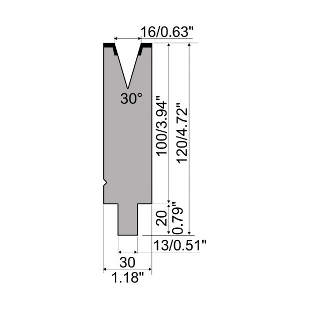 Matrice typ R2, pracovní výška=100mm, α=30°, rádius=1,6mm, materiál=42Cr, max. zatížení=500kN/m.