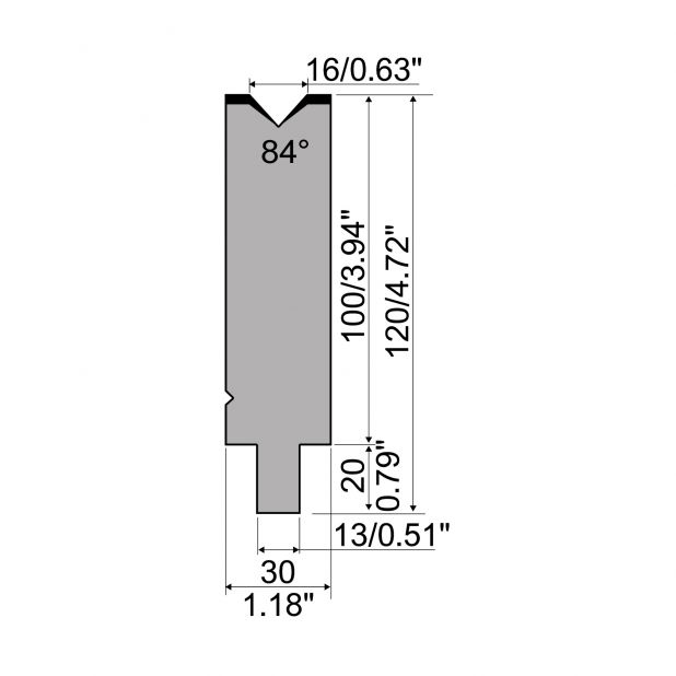 Matrice typ R2, pracovní výška=100mm, α=84°, rádius=1,6mm, materiál=42Cr, max. zatížení=1200kN/m.