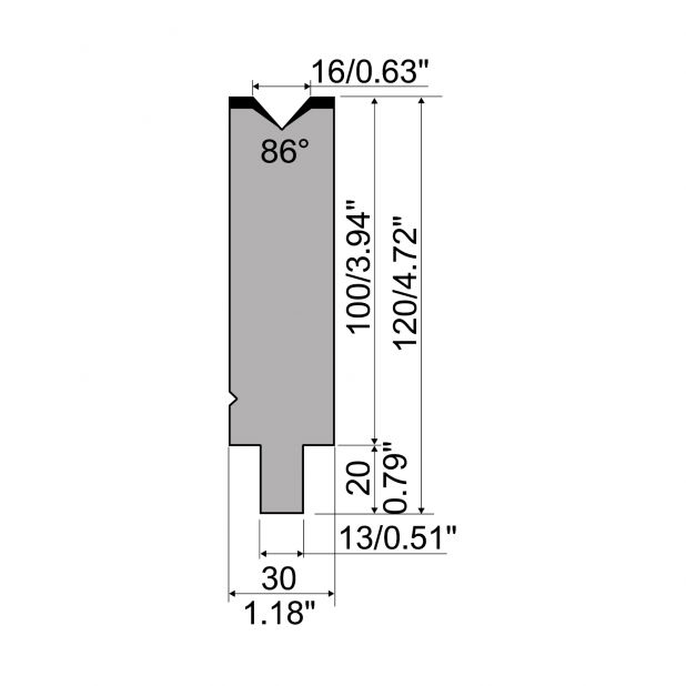 Matrice typ R2, pracovní výška=100mm, α=86°, rádius=1,6mm, materiál=42Cr, max. zatížení=1200kN/m.