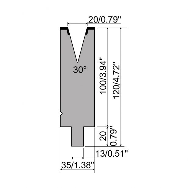 Matrice typ R2, pracovní výška=100mm, α=30°, rádius=2mm, materiál=42Cr, max. zatížení=600kN/m.