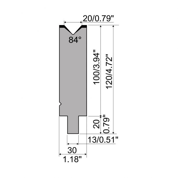 Matrice typ R2, pracovní výška=100mm, α=84°, rádius=2mm, materiál=42Cr, max. zatížení=1150kN/m.