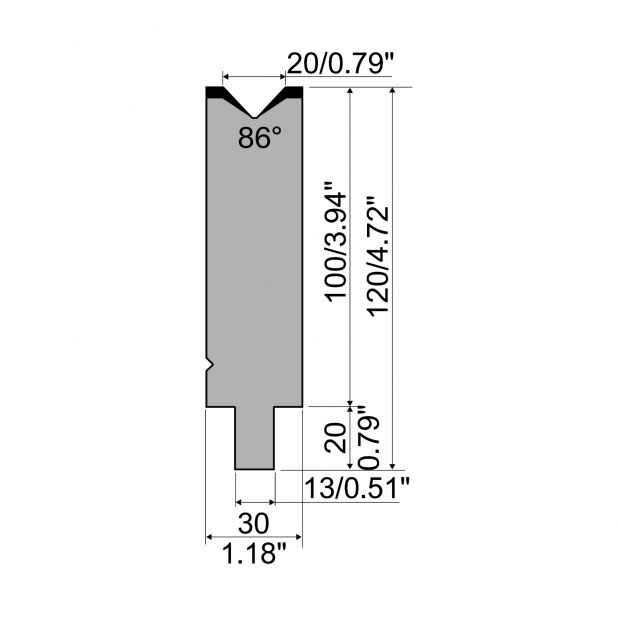 Matrice typ R2, pracovní výška=100mm, α=86°, rádius=2mm, materiál=42Cr, max. zatížení=1150kN/m.