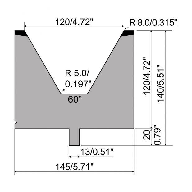 Matrice typ R2, pracovní výška=120mm, α=60°, rádius=8mm, materiál=42Cr, max. zatížení=1600kN/m.