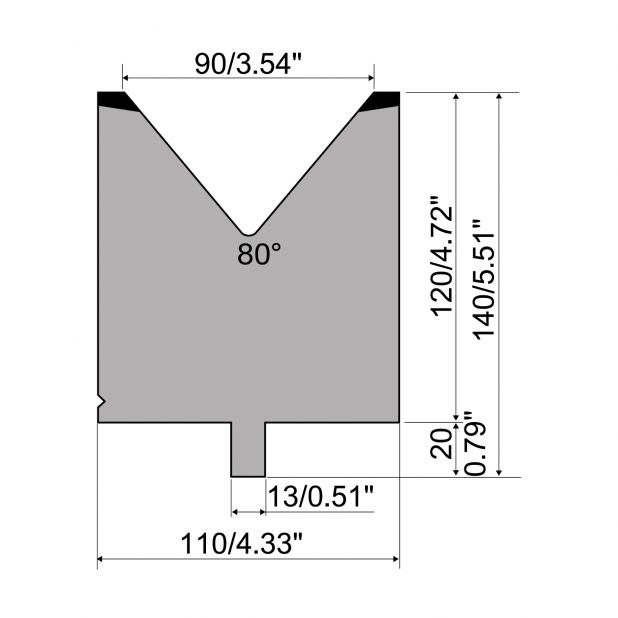 Matrice typ R2, pracovní výška=120mm, α=80°, rádius=8mm, materiál=42Cr, max. zatížení=1500kN/m.