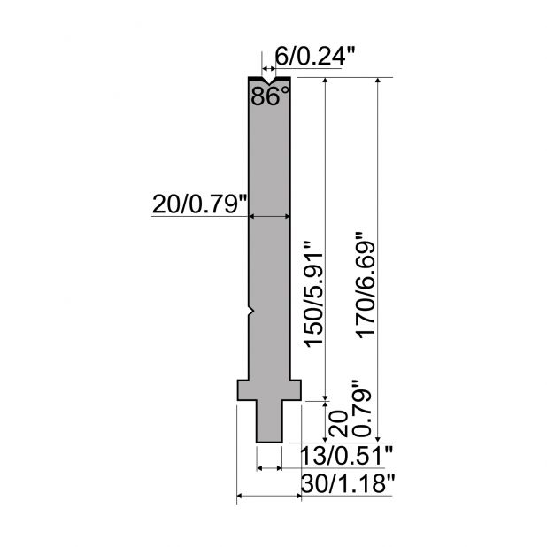Matrice typ R2, pracovní výška=150mm, α=86°, rádius=0,6mm, materiál=42Cr, max. zatížení=400kN/m.