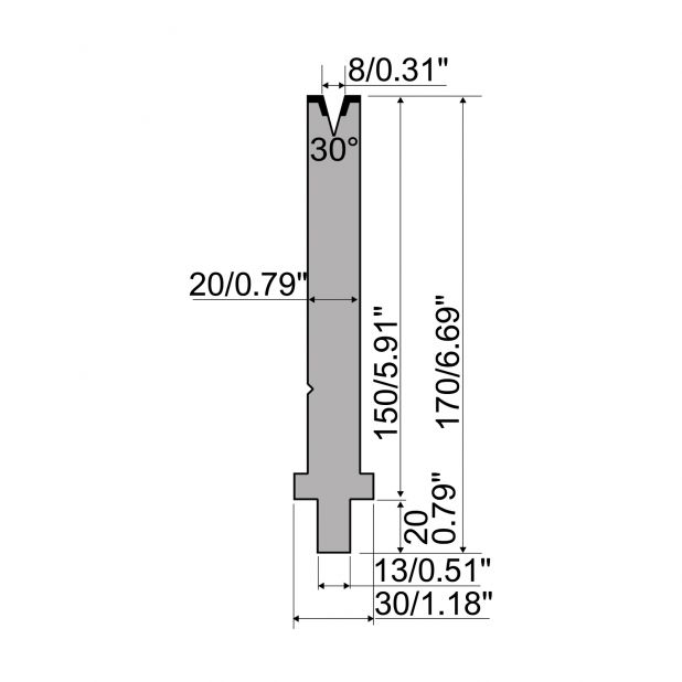 Matrice typ R2, pracovní výška=150mm, α=30°, rádius=1mm, materiál=42Cr, max. zatížení=400kN/m.