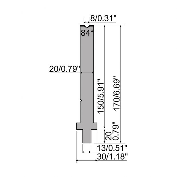 Matrice typ R2, pracovní výška=150mm, α=84°, rádius=0,8mm, materiál=42Cr, max. zatížení=400kN/m.