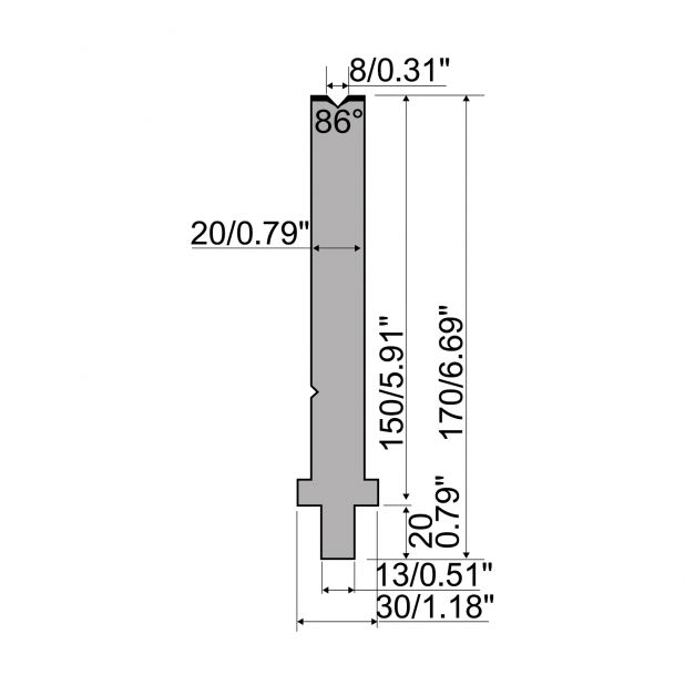 Matrice typ R2, pracovní výška=150mm, α=86°, rádius=0,8mm, materiál=42Cr, max. zatížení=400kN/m.