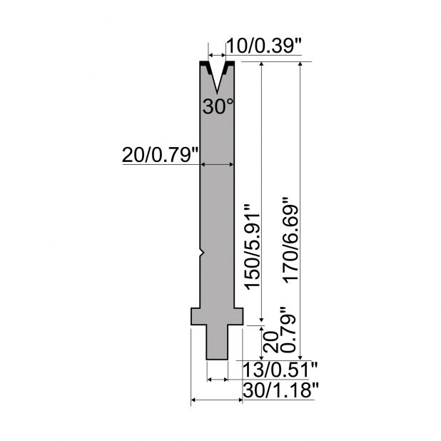 Matrice typ R2, pracovní výška=150mm, α=30°, rádius=1mm, materiál=42Cr, max. zatížení=400kN/m.