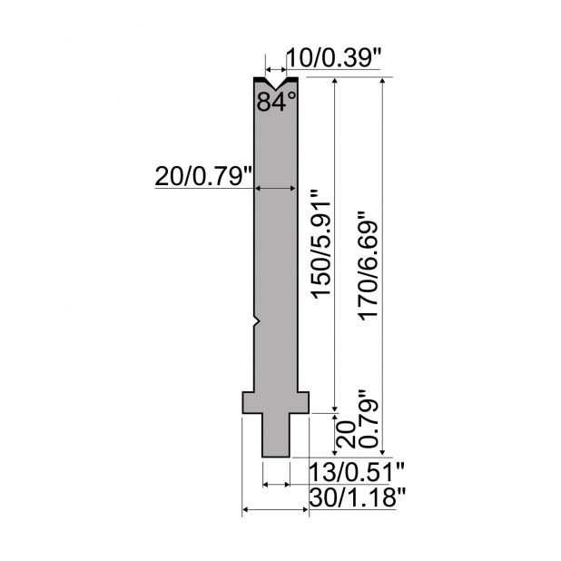 Matrice typ R2, pracovní výška=150mm, α=84°, rádius=1mm, materiál=42Cr, max. zatížení=500kN/m.