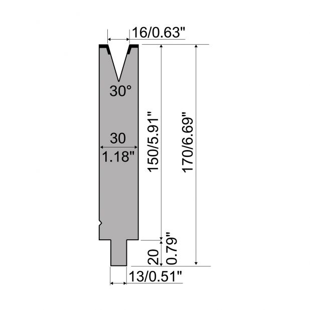 Matrice typ R2, pracovní výška=150mm, α=30°, rádius=1,6mm, materiál=42Cr, max. zatížení=500kN/m.