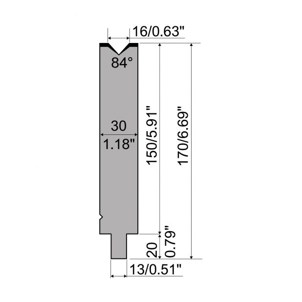 Matrice typ R2, pracovní výška=150mm, α=84°, rádius=1,6mm, materiál=42Cr, max. zatížení=700kN/m.