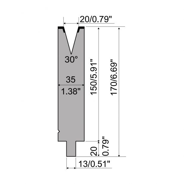 Matrice typ R2, pracovní výška=150mm, α=30°, rádius=2mm, materiál=42Cr, max. zatížení=600kN/m.