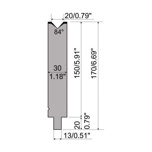 Matrice typ R2, pracovní výška=150mm, α=84°, rádius=2mm, materiál=42Cr, max. zatížení=700kN/m.