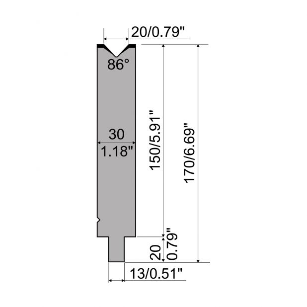 Matrice typ R2, pracovní výška=150mm, α=86°, rádius=2mm, materiál=42Cr, max. zatížení=700kN/m.