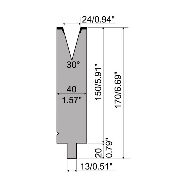 Matrice typ R2, pracovní výška=150mm, α=30°, rádius=2,5mm, materiál=42Cr, max. zatížení=650kN/m.