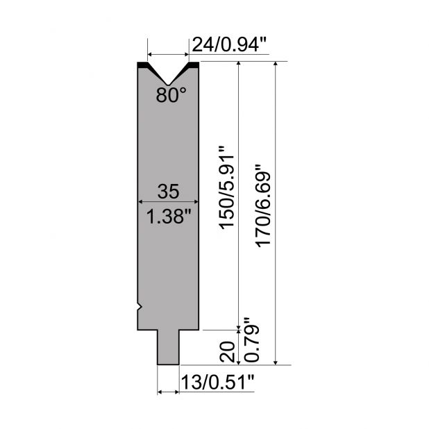 Matrice typ R2, pracovní výška=150mm, α=80°, rádius=2,5mm, materiál=42Cr, max. zatížení=700kN/m.