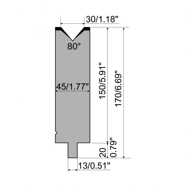Matrice typ R2, pracovní výška=150mm, α=80°, rádius=5mm, materiál=42Cr, max. zatížení=900kN/m.