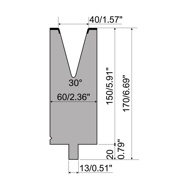 Matrice typ R2, pracovní výška=150mm, α=30°, rádius=5mm, materiál=42Cr, max. zatížení=900kN/m.