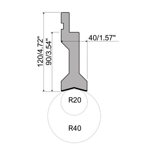 Rádiusový razník typ R1 European řada TOP, pracovní výška=90 mm, rádius=20-40 mm, materiál=42Cr, max.