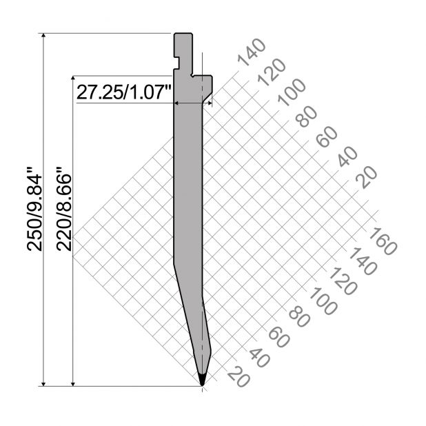 Razník typ R1( European) řada TOP, pracovní výška=220 mm, α=26°, rádius=1 mm, materiál=42Cr, max. zat