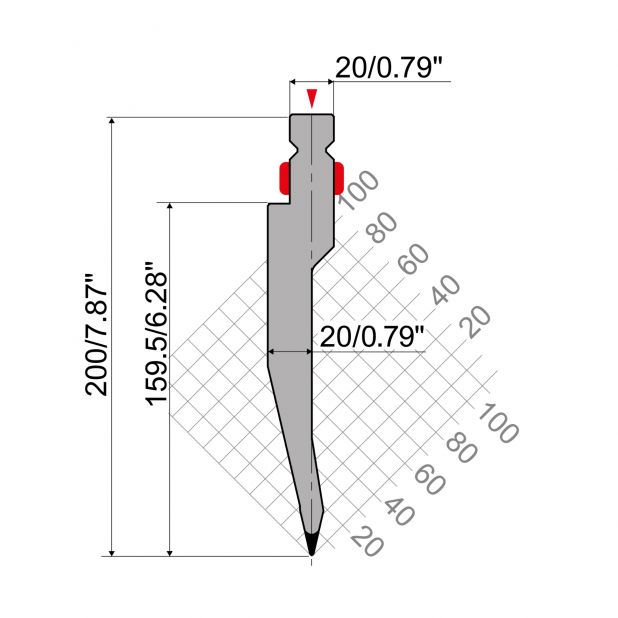 Razník typ R2 European řada TOP, pracovní výška=200mm, α=26°, rádius=0,8mm, materiál=42cr, max. zatí