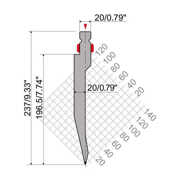 Razník typ R2 European řada TOP, pracovní výška=237mm, α=26°, rádius=0,8mm, materiál=42cr, max. zatí