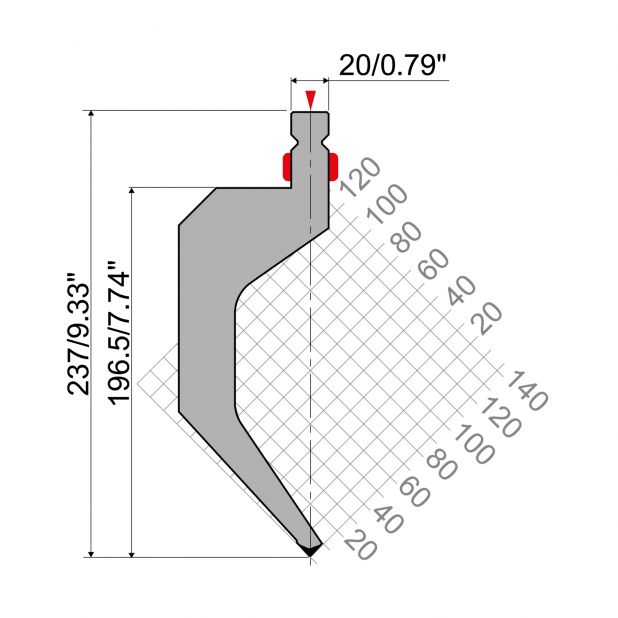 Razník typ R2 European řada TOP, pracovní výška=237mm, α=85°, rádius=0,8mm, materiál=42cr, max. zatí