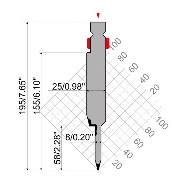 Lemovací nástroje typ R2, pracovní výška=155mm, α=28°, rádius=0,6mm, materiál=42Cr, max. zatížení=