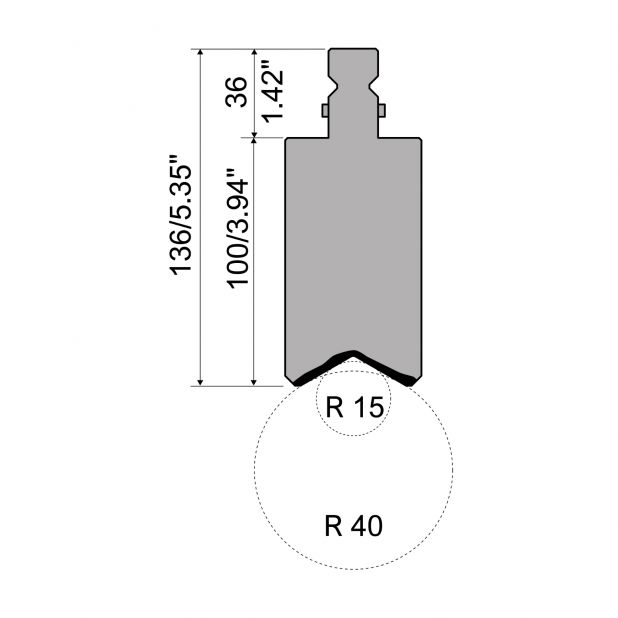 Lemovací nástroje typ R2, pracovní výška=100mm, materiál=42Cr, max. zatížení=1000kN/m. To use with R1