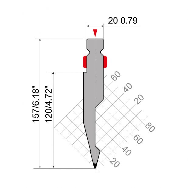 Razník typ R2, pracovní výška=120mm, α=28°, rádius=1mm, materiál=42Cr, max. zatížení=600kN/m.
