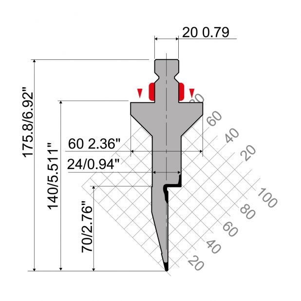 Razník typ R2, pracovní výška=140mm, α=28°, rádius=1mm, materiál=42Cr, max. zatížení=400kN/m.