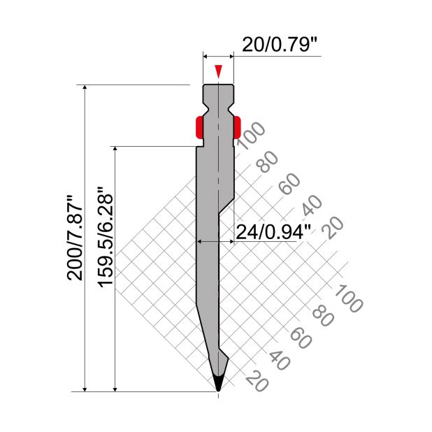 Razník typ R2, pracovní výška=163mm, α=28°, rádius=1mm, materiál=42Cr, max. zatížení=600kN/m.